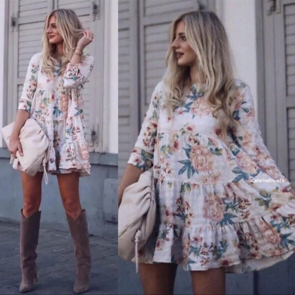 EUC Zara Ecru Floral Babydoll Dress Multicolor Tiered Swingy Boho SIZE XXL